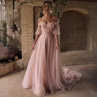 Женское свадебное платье с открытыми плечами, розовое винтажное платье в стиле бохо с коротким рукавом, лето 2021