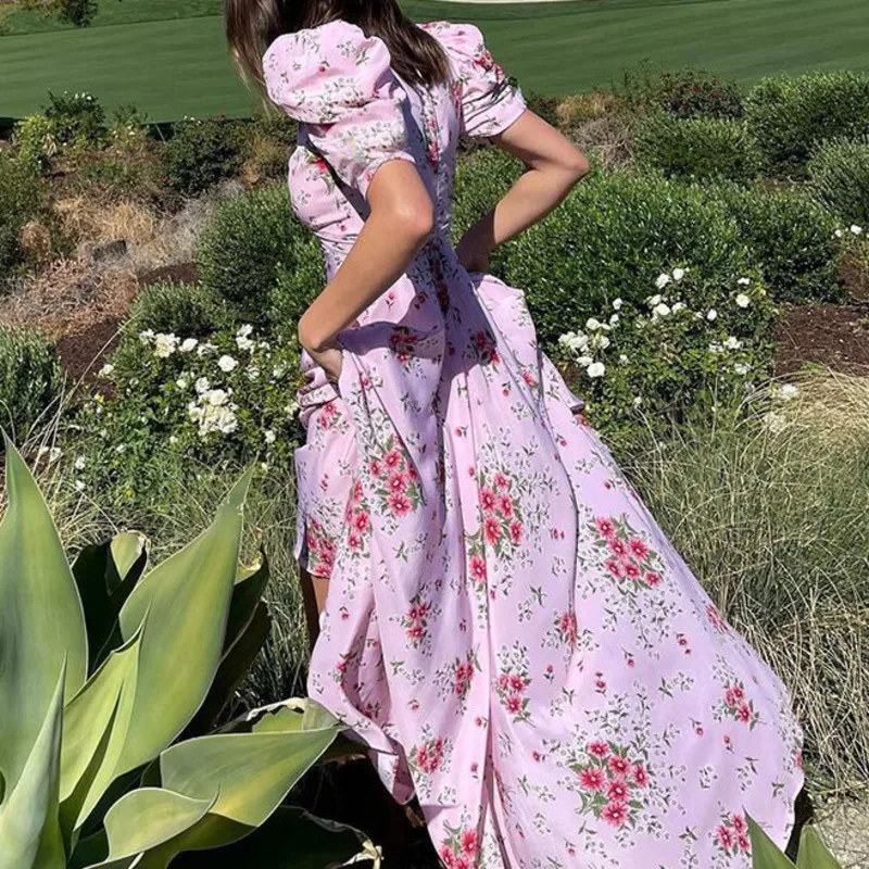 

Chic Floral Print Dress Women Fashion Square Collar Puff Sleeve Pink Club Clubwear Summer Vintage Beach Dress For Woman