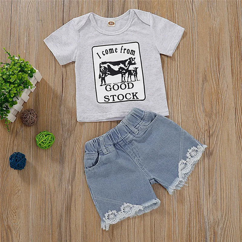 Girls Summer Clothing Kid Short Sleeve Letter Tops T-Shirt Denim Shorts Pants Outfits Kids Fashion Clothes toddler girl clothes | Мать и