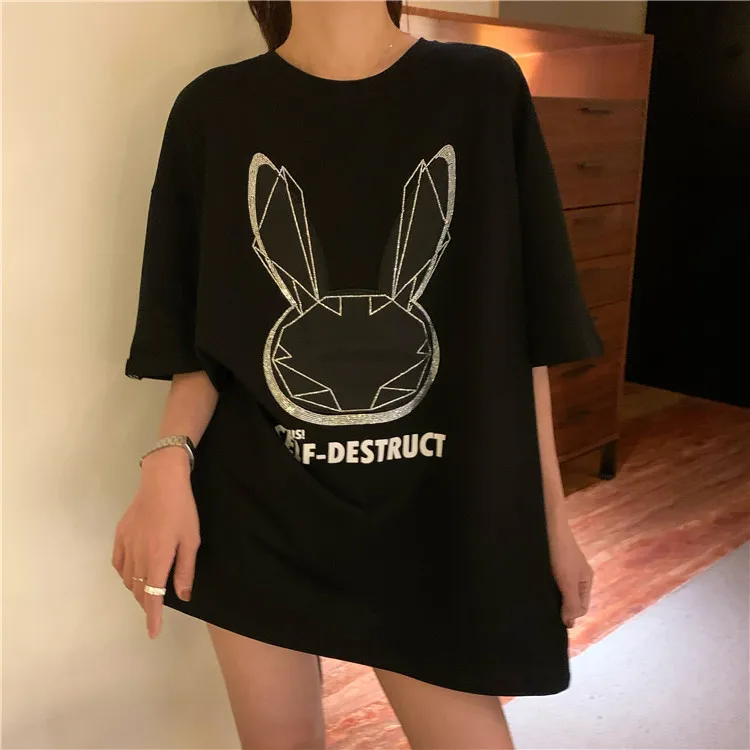 

3384 round neck mid-length short-sleeved T-shirt with hot diamond letters and western style