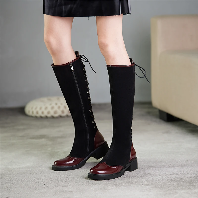 

VERCONAS Knee-High Boots For Women Autumn Winter New Cross-Tied Shoes Woman Side Zipper Square Heels Genuine Leather Long Boots