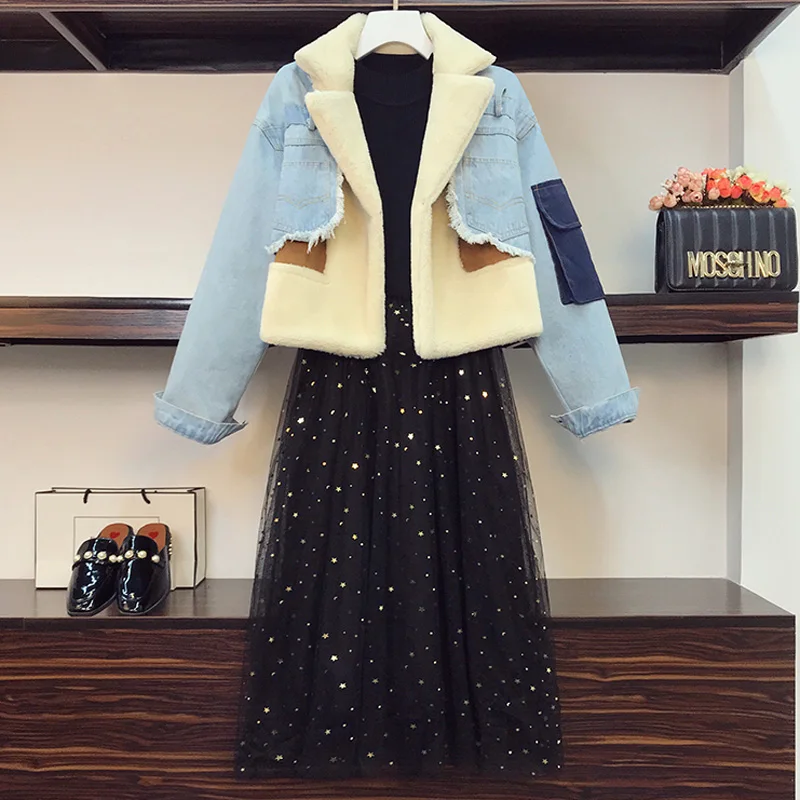 Зимний женский костюм бархатная Толстая джинсовая куртка топы и трикотажное