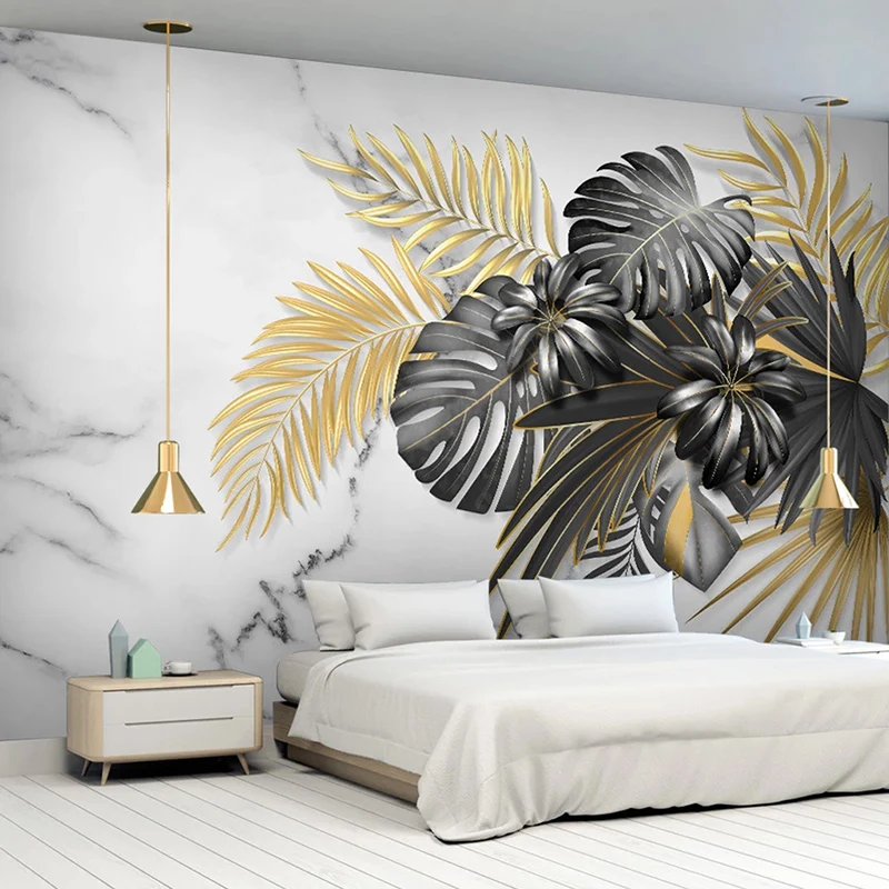 

Custom 3D Wall Mural Modern Hand Painted Tropical Plant Black Golden Leaves Photo Wallpaper Living Room TV Sofa Bedroom Fresco