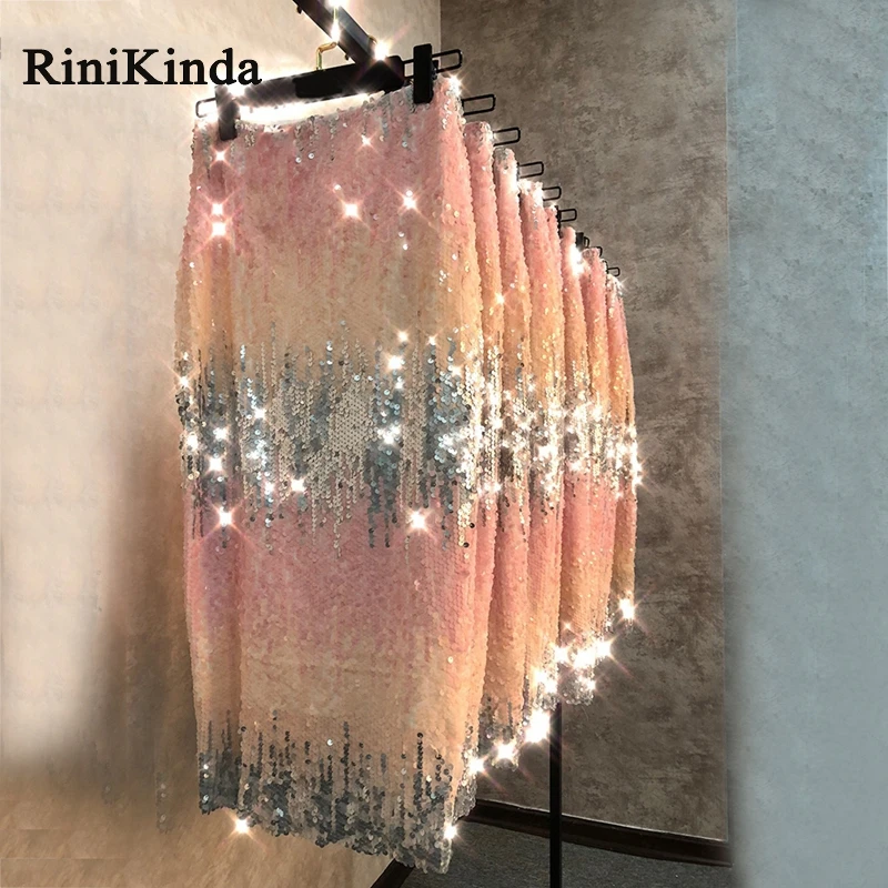 RINIKINDA Женская юбка миди на каждый день высокая талия с блестками сексуальная
