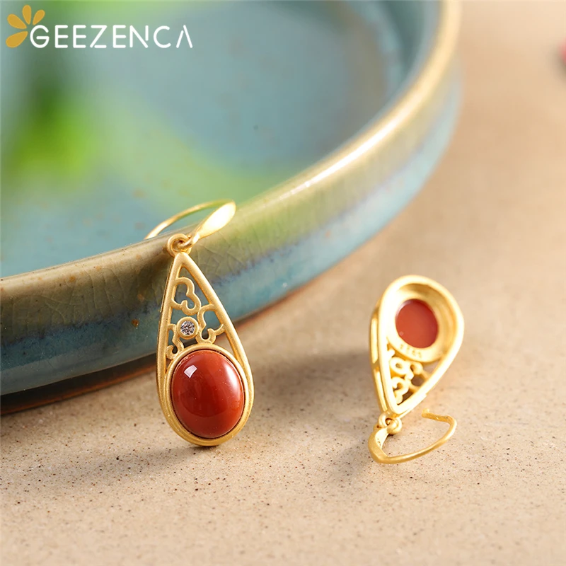 

925 Sterling Silver Gold Plated Hetian Jasper Drop Earrings For Women Hollow-out Craft Oval Green Jade Earring Fine Jewelry Gift