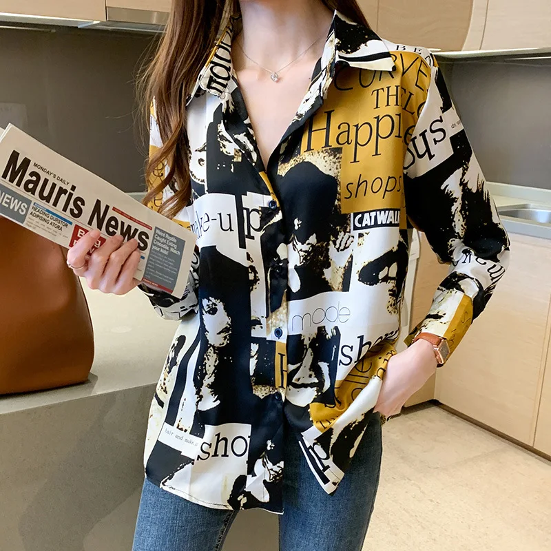 

Printed Letter Shirt Women's Design Niche Early Autumn 2021 New Foreign Style Retro Hong Kong Style Chiffon Long Sleeve Top