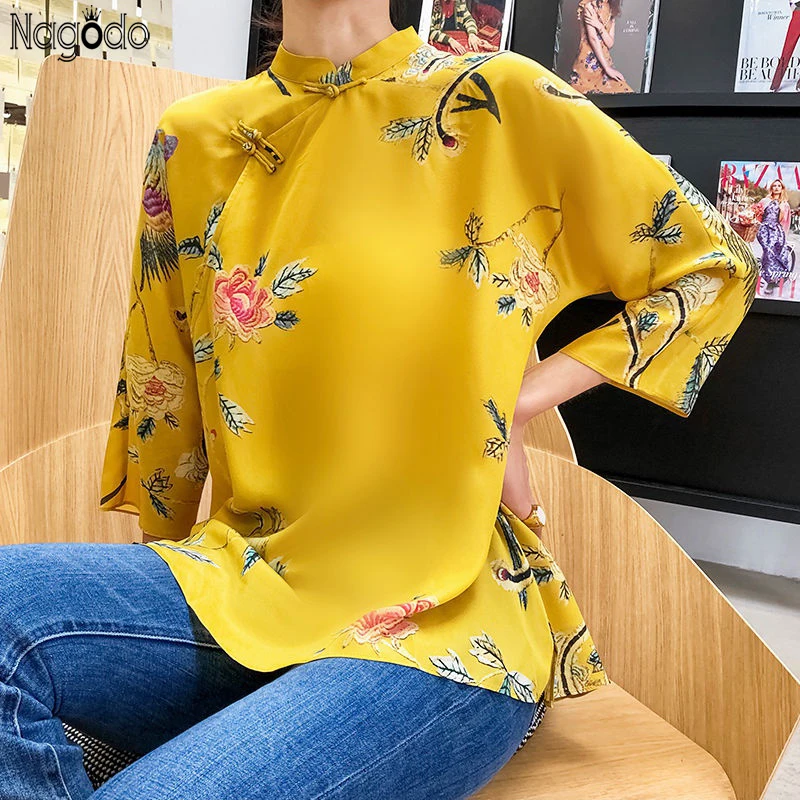 

Nagodo 4xl Large Size Chinese Blouse 2020 New Satin Tang Women Cheongsam Hanfu Top 3/4 Sleeve Gold Chinese Traditional Shirt