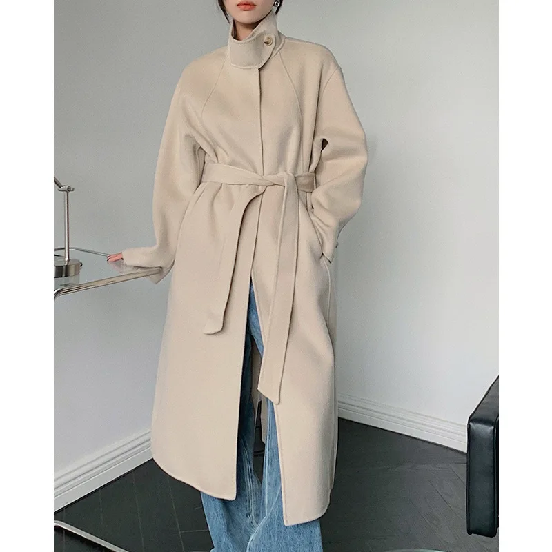 

Winter Loose Long Woolen Overcoat Women 2021 Korean One Button Stand Collar Design Lacing Belt Loose 100% Wool Oversized Coat