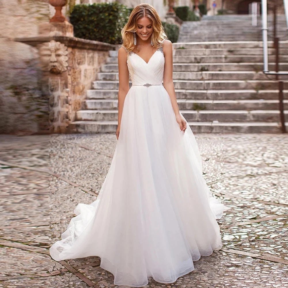 

Vestidos Sexy Wedding Dresses Tulle Appliques Sashes Pleat V-Neck Sleeveless Backless Ball Bridal Gowns Novia Do 2021