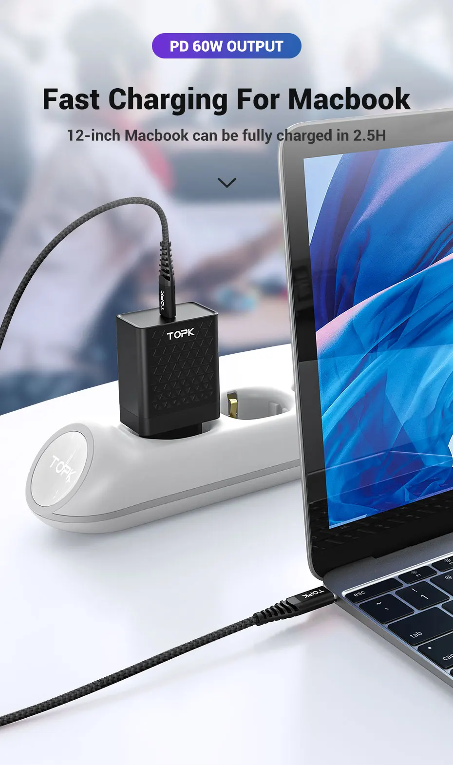 TOPK 60 Вт usb type C-type C кабель для samsung QC3.0 3A PD кабель для быстрой зарядки type-C USB-C кабель для передачи данных для huawei Xiaomi Oneplus