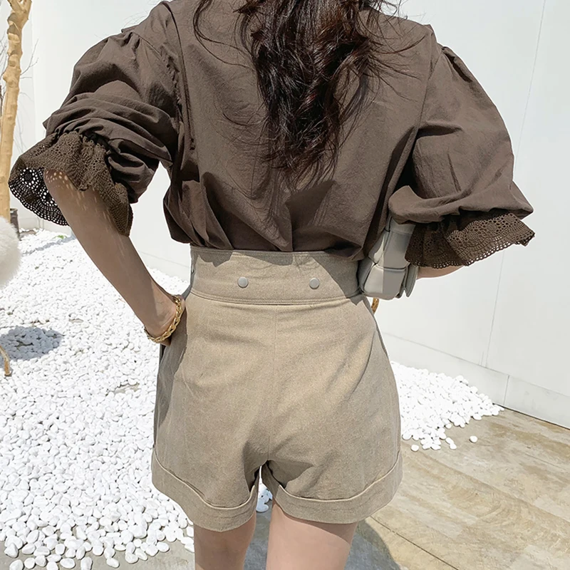 

Hot Sale Women 2021 New Korean Spring And Summer Chic Summer Retro V-neck Lace Ruffle Shirt For Woman