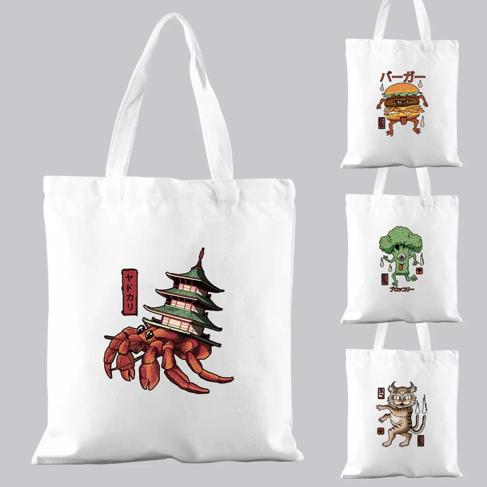 

Harajuku Style Basic Shopping Bag Handbag Reusable Casual Shoulder Bag Commuting Cute Monster Pattern Canvas Print Tote Bag