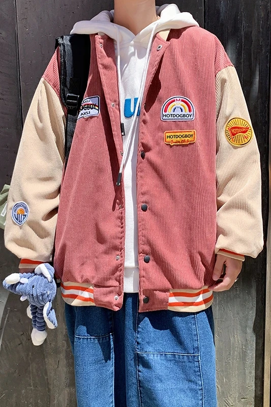 

2021 New Baseball Uniform Men's Spring and Autumn Trendy Loose Ins Corduroy Jacket Japanese Color Matching Cardigan Jacket