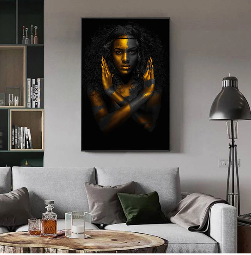 

Black and Gold African Nude Woman Indian Oil Painting on Canvas Posters and Prints Scandinavian Wall Art Picture for Living Room