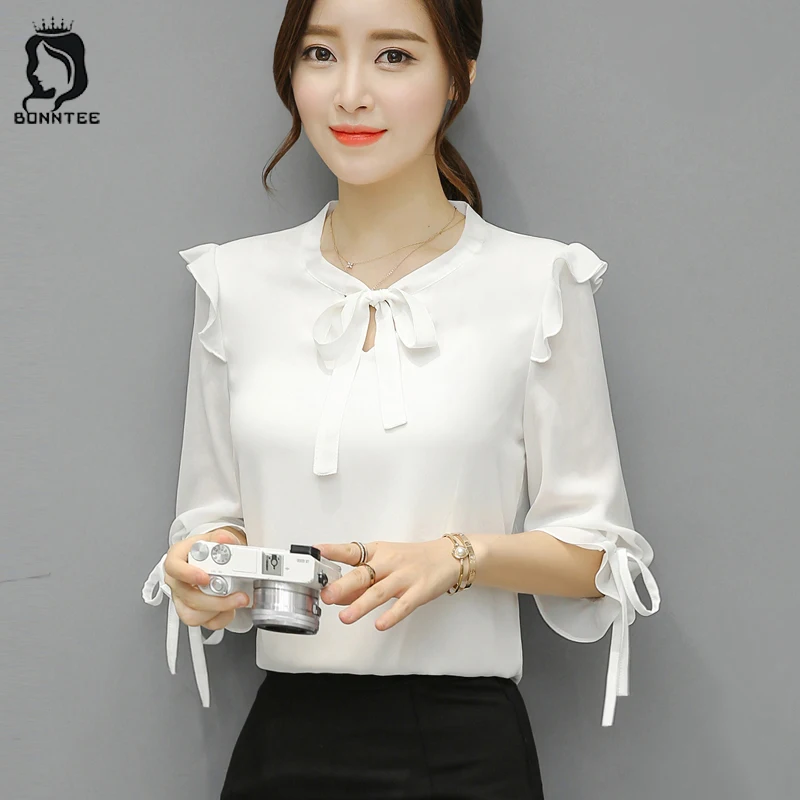 

Блузка женская шифоновая с оборками, милый топ с рукавом фонарик, с бантом, Модная элегантная рубашка, на лето