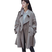 ladies long trench coat 2019 women casual plaid double breasted outwear fashion sashes office jacket chic epaulet design ly09