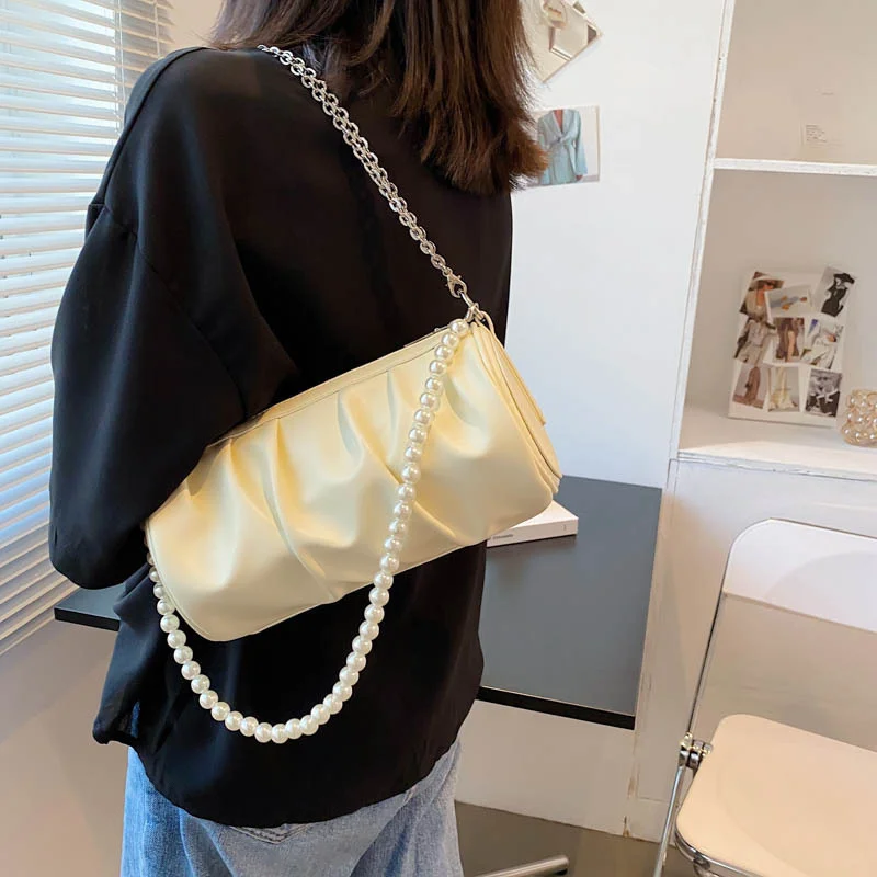 

Female Bag Women Underarm Bags 2021 New Summer Fashion Fold Single Shoulder Bag Foreign Style Pearl Chain Messenger Bags