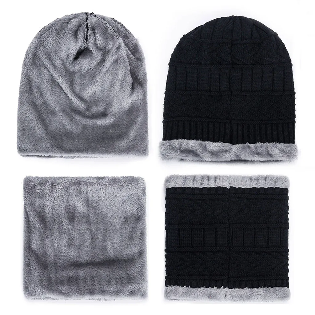 Мужская теплая шапка Skullies+ мягкий шарф, комплект из двух предметов, зимняя утолщенная шапка, Мужская ветрозащитная вязаная шапка, грелка для шеи# T5P