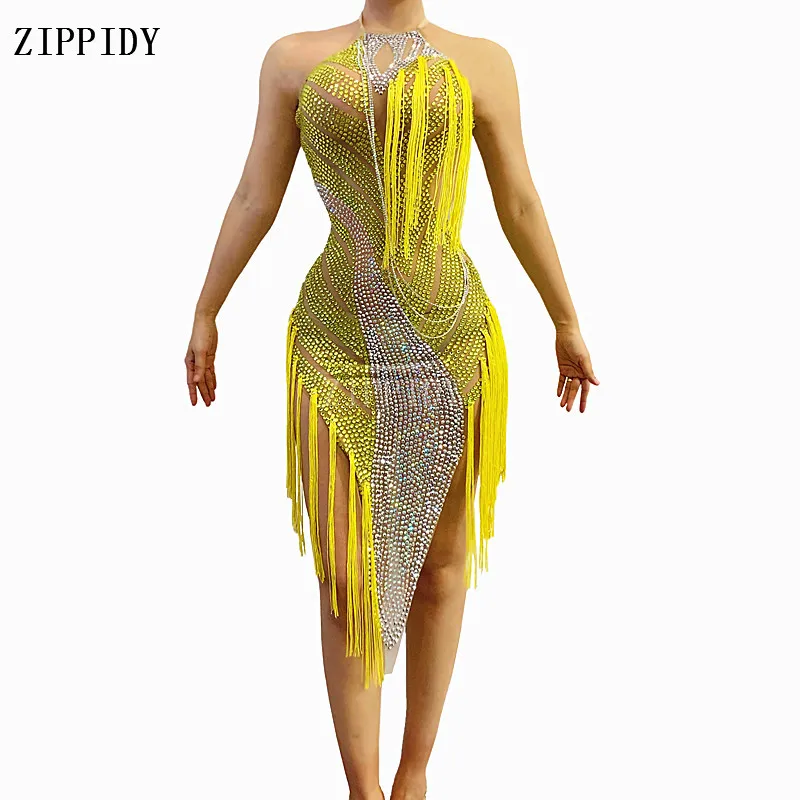 

Yellow Tassel Latin Rhinestone Fringes Dress Mesh Transparent Sexy Dress Birthday Celebrate Stones Dancer See Through Costume