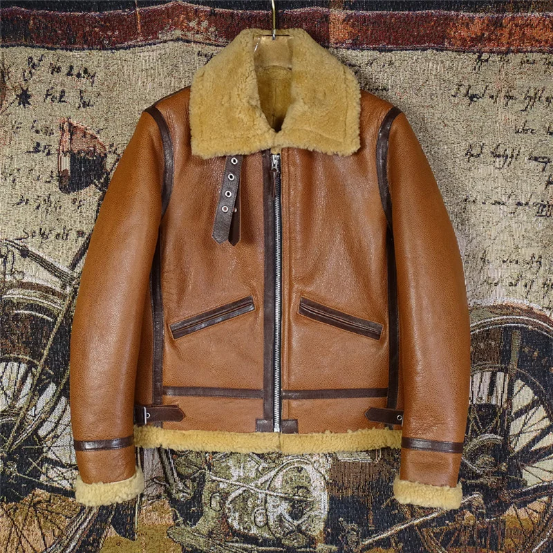 

2021 Brown Military Style B3 Bomber Genuine Shearling Coat Plus Size 4XL Real Natural Sheepskin Winter Thick Warm Leather Jacket