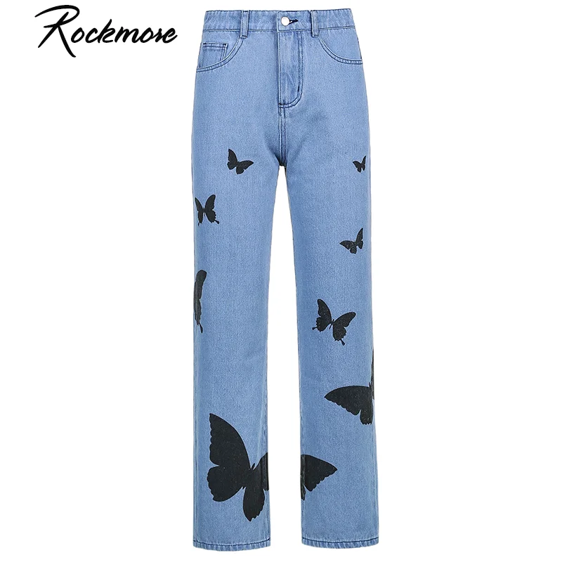 

Rockmore Harajuku Butterfly Print Straight Jeans Women Mom Casual Vintage High Waist Wide Leg Pants Female Casual Denim Trousers