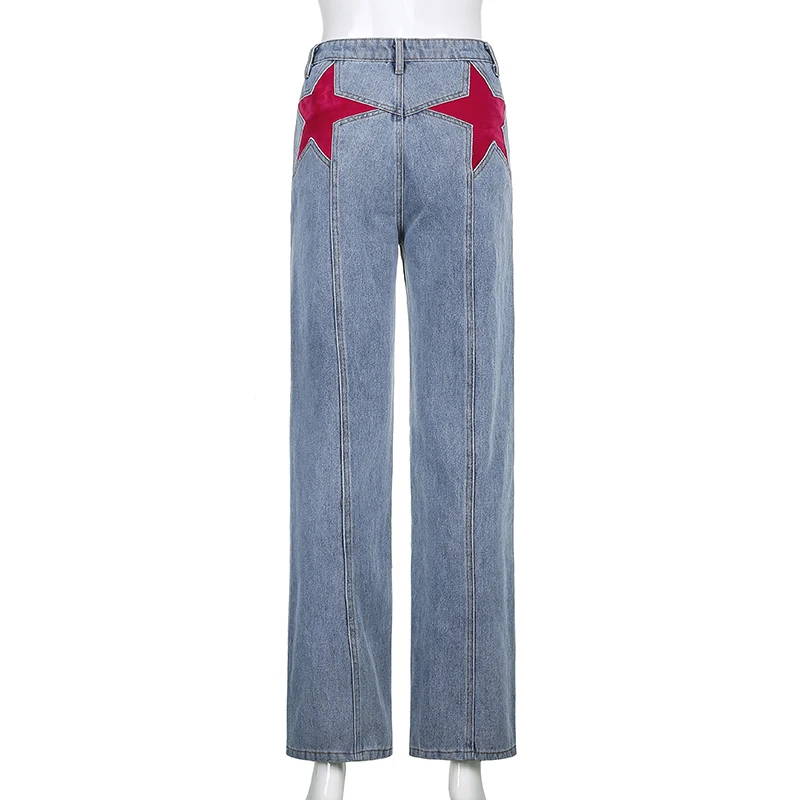 

Star Pattern Blue Flare Jeans Female Denim Pants For Women Vintage 2021New Harajuku High Waist Full Length Trousers Capris