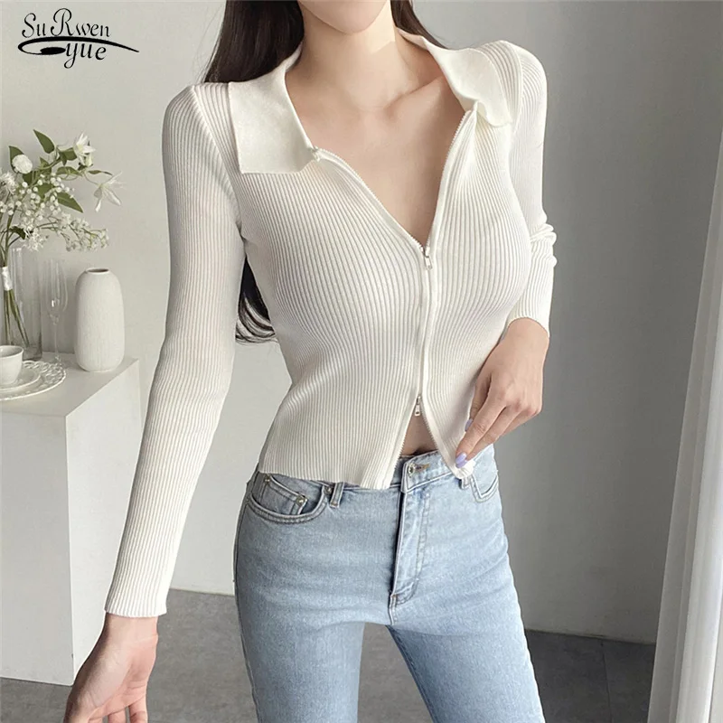 

Sexy Double Zipper Front Knitted Sweater Autumn Winter 2021 Fashion Clothing Top Solid Basic Cropped Pullover Coat Women 17046