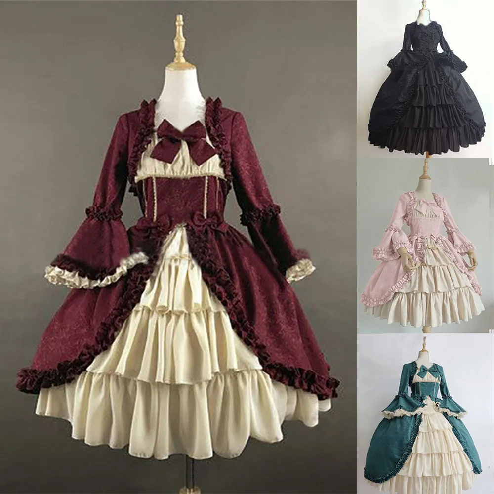 

Vintage Gothic Court Dress Bow Lolita Dresses Medieval Square Collar Waist Hugging Stitching Plus Size Ruffle Dress