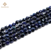 diamonds faceted natural peacock blue tiger eye stone round star cut polygon beads for jewelry making necklace 15 strand 8 10m