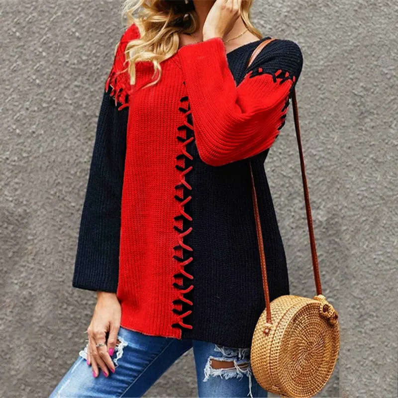 

Women's Sweaters String Patchwork Knitted Long Sleeve O-neck Pullover Femme 2021 Spring Autumn Office Ladies Jumper New Design