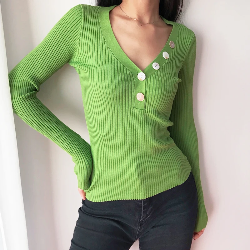

Women V Neck Ribbed Jumper With Button Detail Deep V Neck Rib Knit Top
