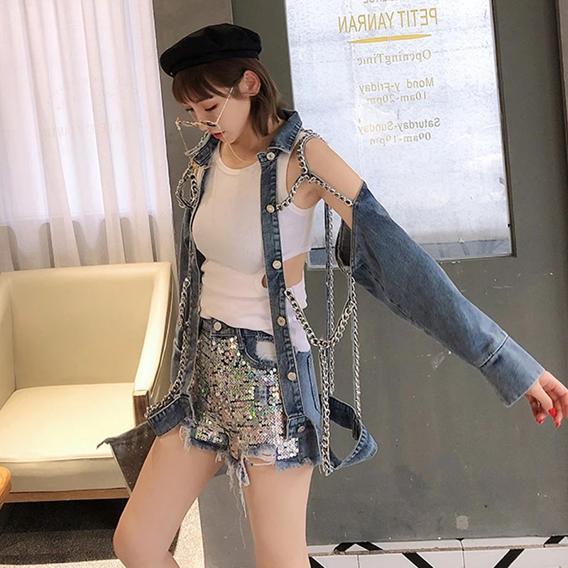 Женская джинсовая куртка с цепочкой весна-лето 2020 рваные джинсовые пальто
