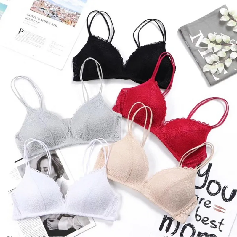 

Women Lace Bra No Steel Ring Beauty Back Wrapped Chest Comfortable Triangle Cup Padded Underwear Soft Thin Seamless Bra Female
