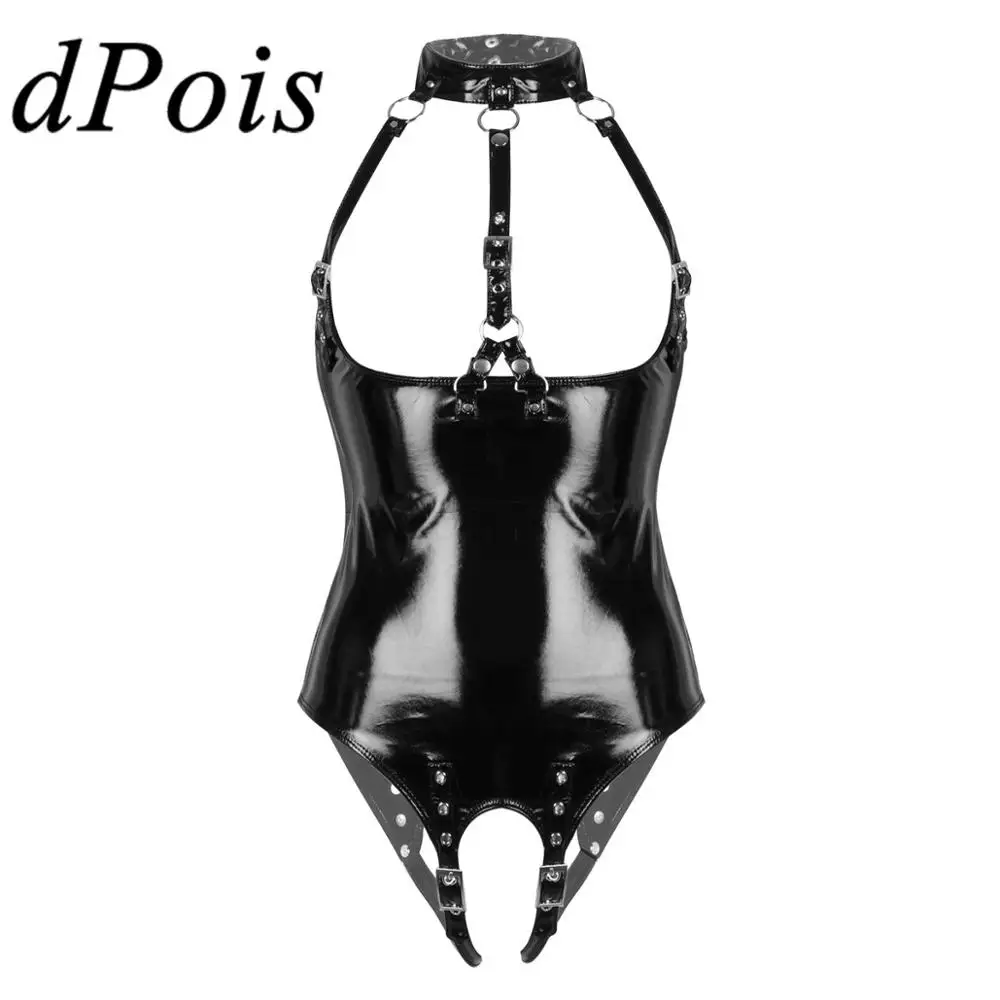 

Women Wetlook Patent Leather Bodysuit Sexy Lingerie Halter Neck Bare Breast Crotchless Adjustable Buckle Leotard Femme One-piece
