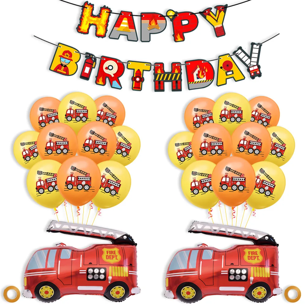 1 Set Flag-pulling Fire Truck Aluminum Latex Balloon Set Children's Anniversary Birthday Party Decoration