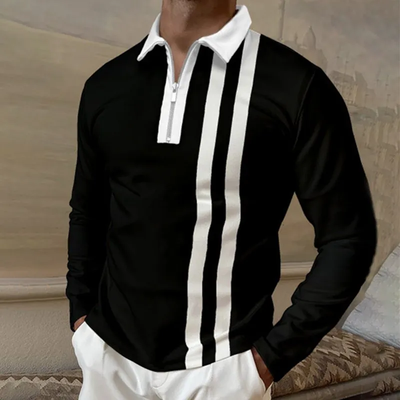 

Fashion Patchwork Striped Long Sleeve Tops Male Casual Zip-up Turn-down Collar Polo Shirts Vintage Casual Men's Slim Polo Shirt