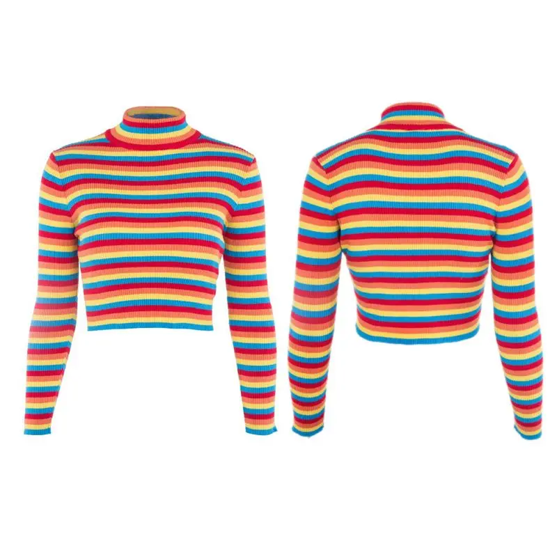 

Свитер женский трикотажный в рубчик, с длинным рукавом и разноцветными радужными полосками, осень облегающие Короткие топы
