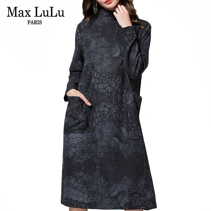 Max LuLu осеннее корейское роскошное стильное дамское водолазка одежда в стиле панк женское Элегантное Длинное свободное платье с принтом Vestidos