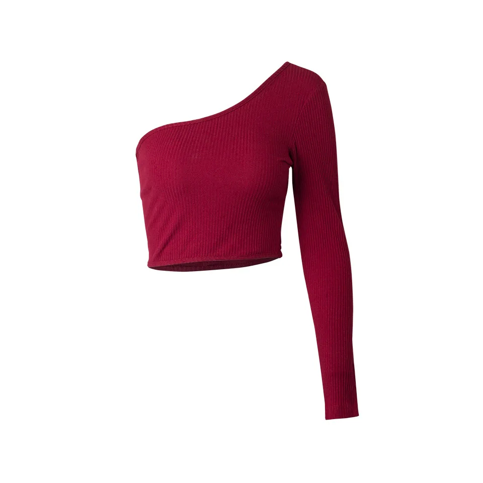 

Fannic Pure Color Sexy Street Fashion One-Shoulder Cotton Long-Sleeved Navel Short Model in White Color One-Shoulder T-shirt