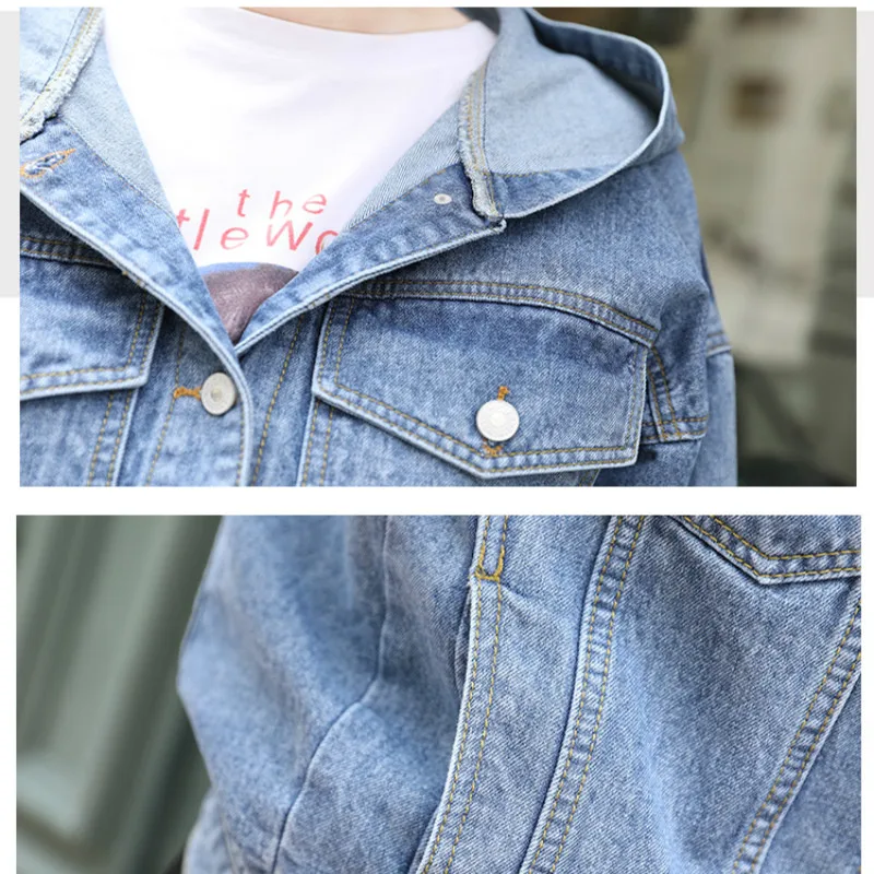 

THHONE Hooded Denim Jacket Women Jeans Coat Fall Loose Oversize Basic Casual Chaqueta Mujer Veste Femme Plus Size Jeans Jacket