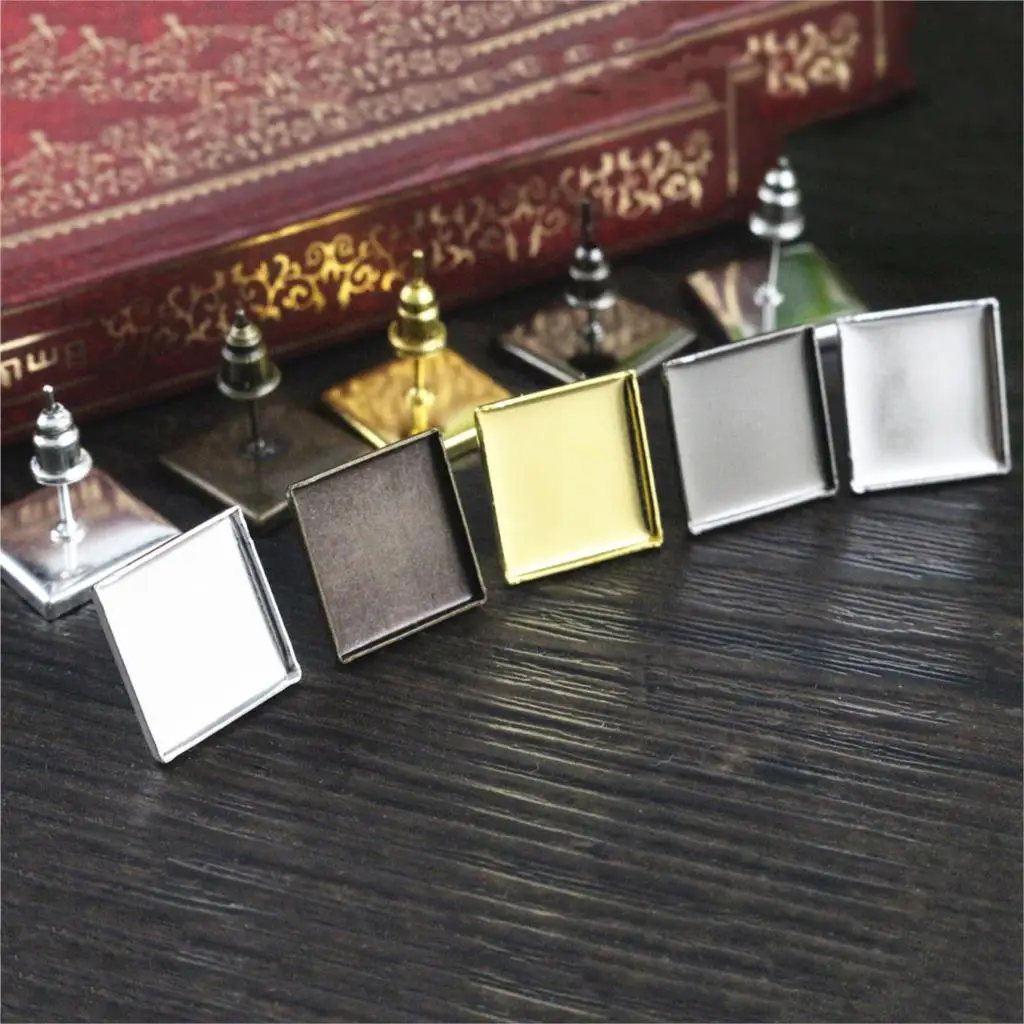 

12mm 20pcs/Lot 7 Colors Plated Square Earring Studs,Earrings Blank/Base,Fit 12mm Glass Cabochons,Buttons