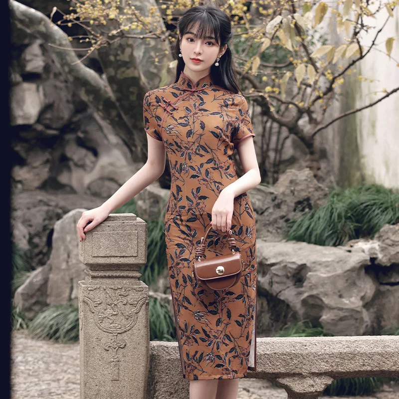 

Китайское женское шелковое платье короткий рукав воротник стойка Cheongsam сексуальное платье, бодикон, с рисунком, высокое платье Ципао с разр...