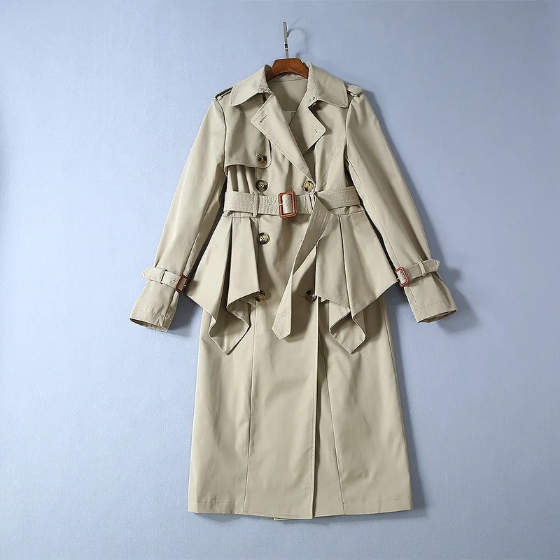 Английский стиль двубортный Женский Тренч 2019 осень/зима элегантный оборки