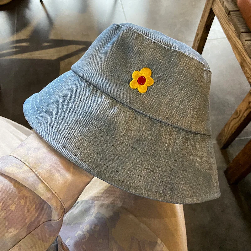 

Flower Embroidery Denim Fisherman Hat Female All Seasons Foldable Sunshade Bucket Hats