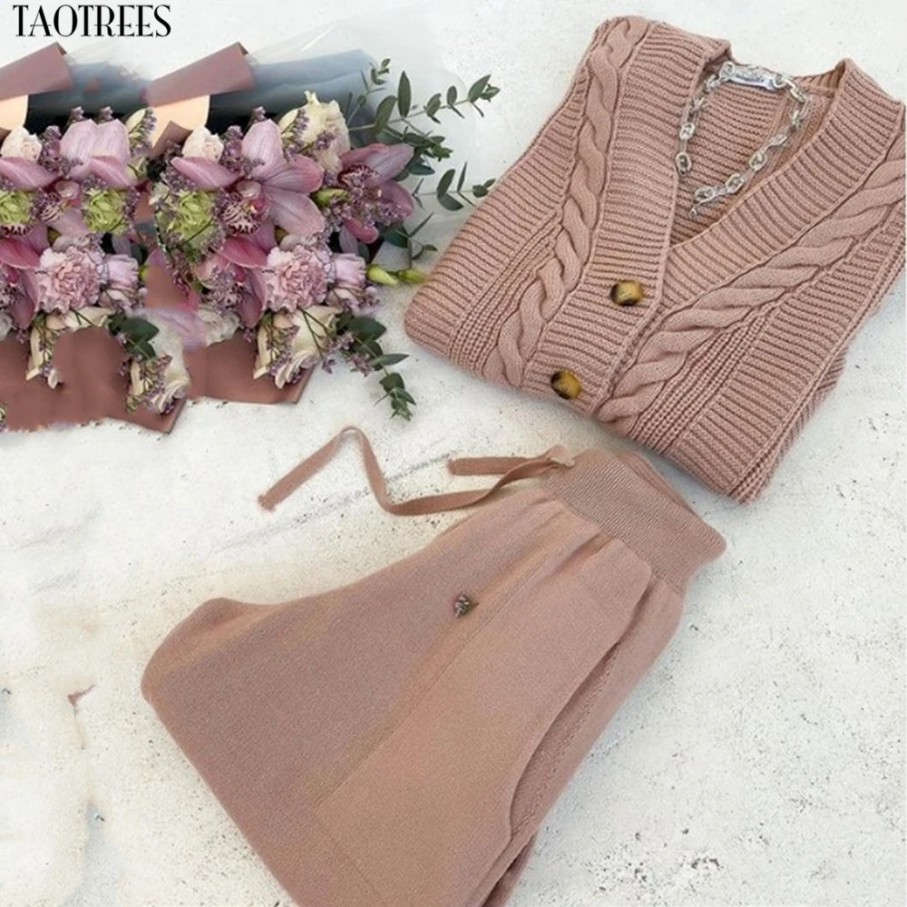 

Taotrees Knitted Tracksuit Women V Neck Cardigan Sweater And Elastic Pants Women's 2 Piece Set Knitting Suit 2021 Winter