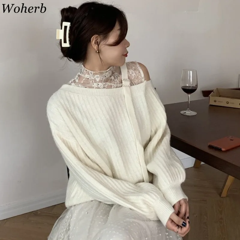 Woherb Осенняя Женская одежда милые Лоскутные кружевные свитера пальто шикарные