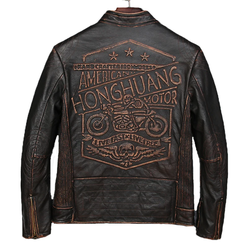 

Nice Shipping Brown Man Leather Motorcycle Jacket Cow Leather Vintage Slim Motorcycle Leather Coat