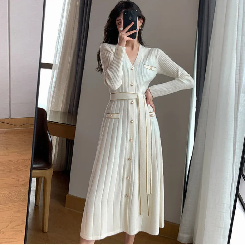 

Spring Women Belt Dress Sweater Knitted Casual Pullover Warm V-neck Plus Size Elegant Tunic Dresses Female Winter Woman Clothing