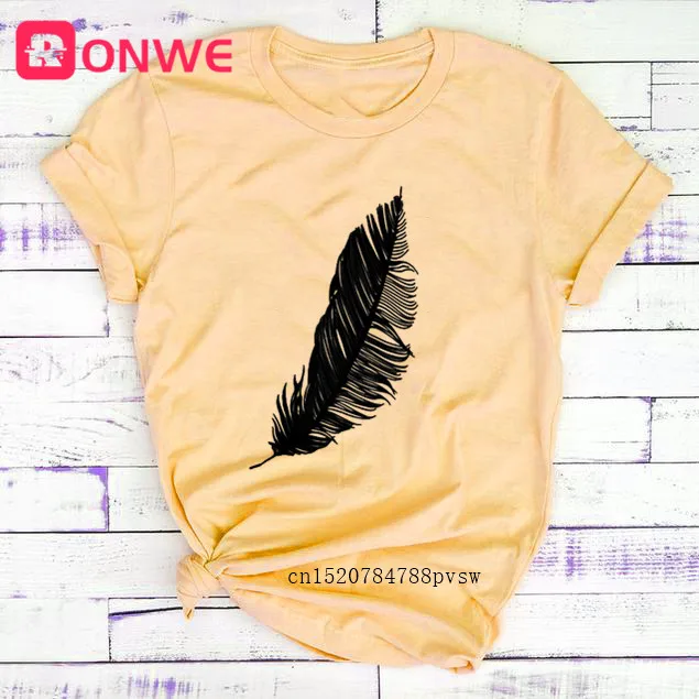 

2021 Women Casual Harajuku Fashion T-shirt Feather Print Loose O-neck Short Sleeve Elastic Stretched Summer Home New Tee Shirt