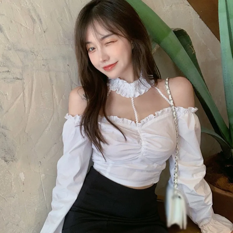 

Sexy Navel Long Sleeves Solid Color Shirt Top One Size Vetements Women Blouses Korean Slash Neck Hanging Blouse Flared Sleeve